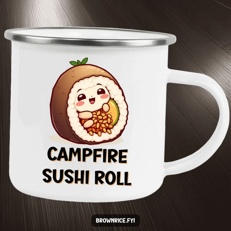 Funny playful brown rice grain character humorously sliding into a sushi roll, ready for adventure on this durable camping mug.