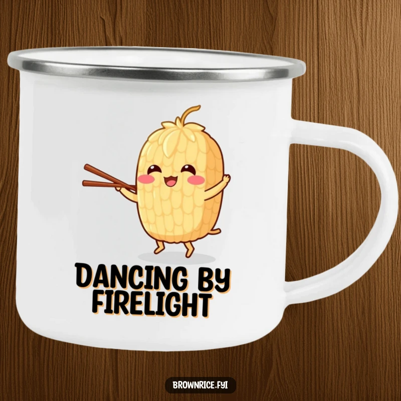 Funny camping mug with a cheerful brown rice grain character dancing with chopsticks, for rhythmic outdoor sips.