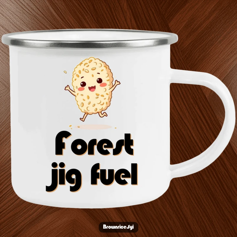 Funny camping mug featuring a brown rice grain character doing a happy, bouncy jig with a sprinkle of sesame, for joyful campers.