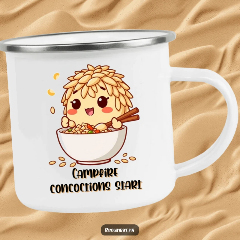Funny camping mug with a brown rice grain character happily mixing ingredients, designed for hearty laughs and outdoor meals.