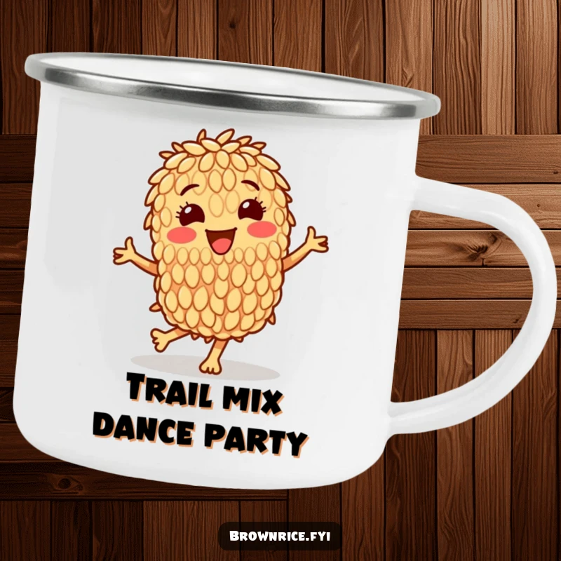 Funny camping mug featuring a dancing brown rice grain character, bringing joy to outdoor beverages and campfire stories.