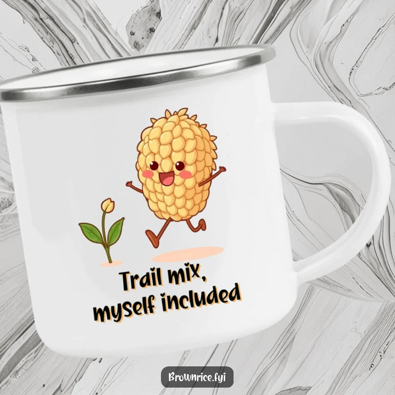 Funny camping mug showcasing a brown rice grain character happily skipping with a sprout, built for outdoor fun and laughs.