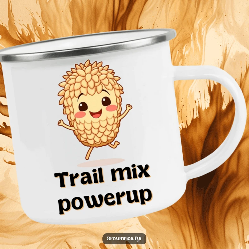 Funny camping mug displaying a happy brown rice grain character doing a spirited hop, perfect for rugged fun.