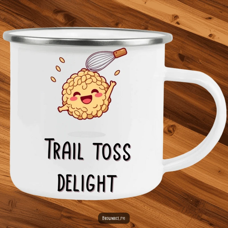 Funny Camping Mug: A brown rice character mid-air, tossed by a smiling whisk, ready for outdoor fun and laughter.