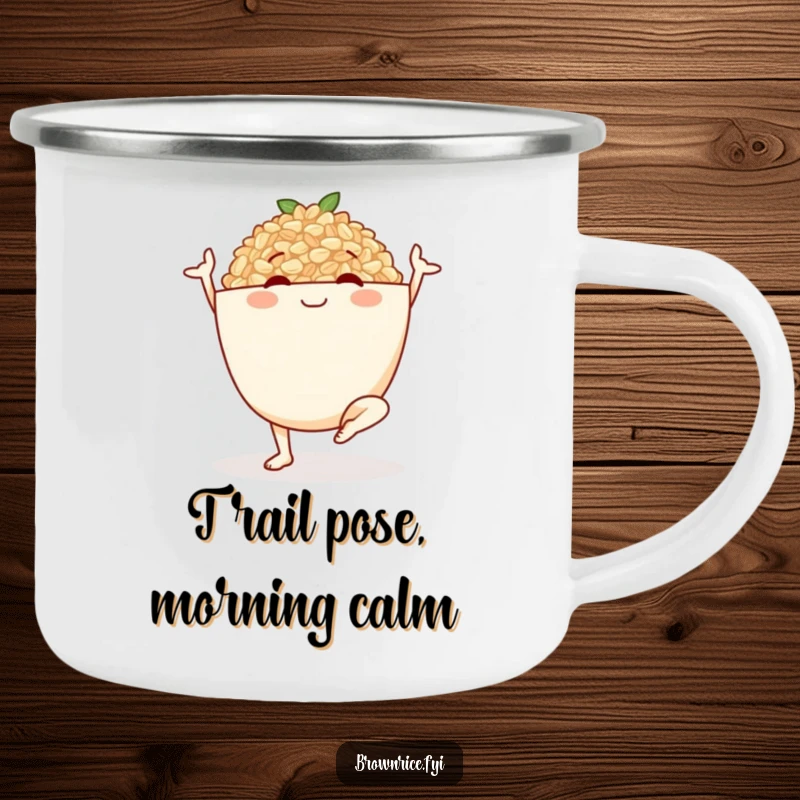 Funny camping mug featuring a smiling brown rice bowl character in a yoga pose, adding a touch of zen to outdoor activities.