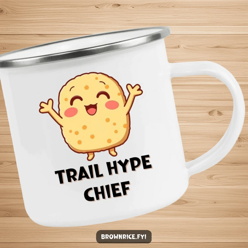 Funny brown rice patty with little arms cheering enthusiastically on a durable camping mug.