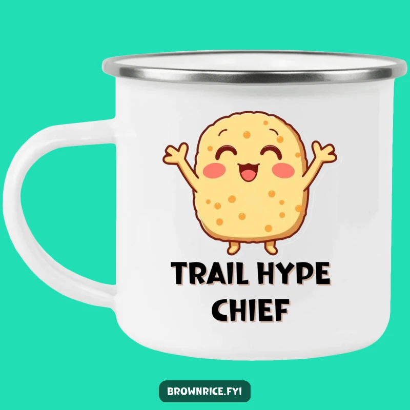 Funny Cheering Brown Rice Patty Camping Mug, Energetic Outdoor Gear for a Motivational Gift