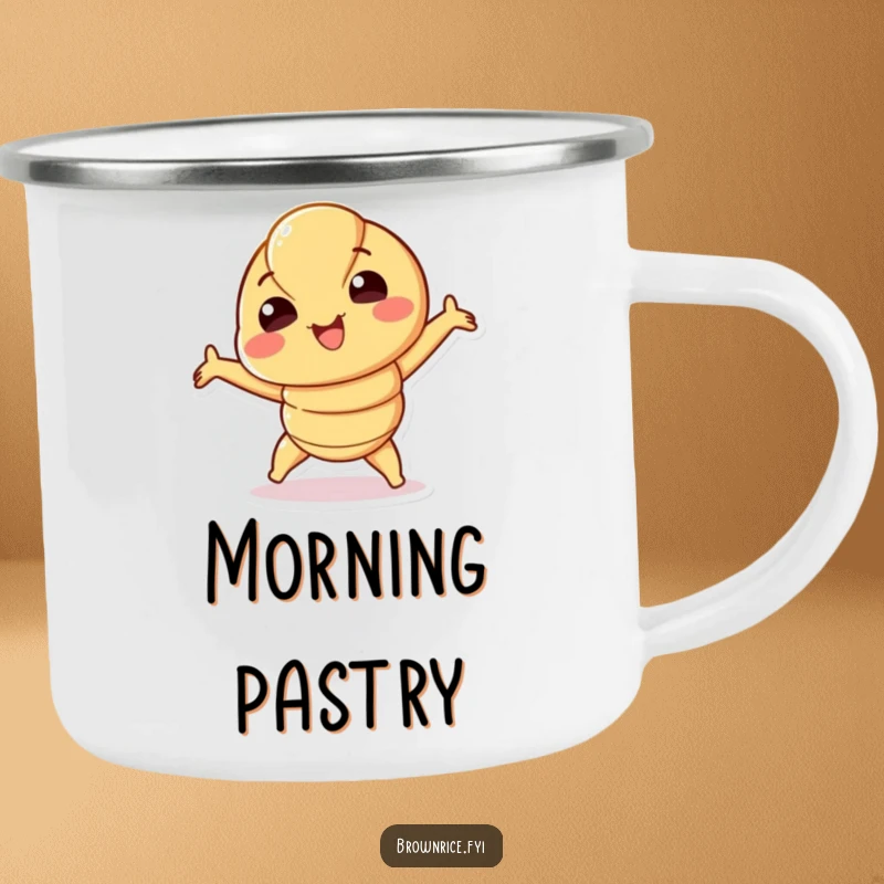 Funny Croissant Camping Mug with a smiling croissant character playfully stretching, perfect for hot beverages outdoors. A rugged funny gift.