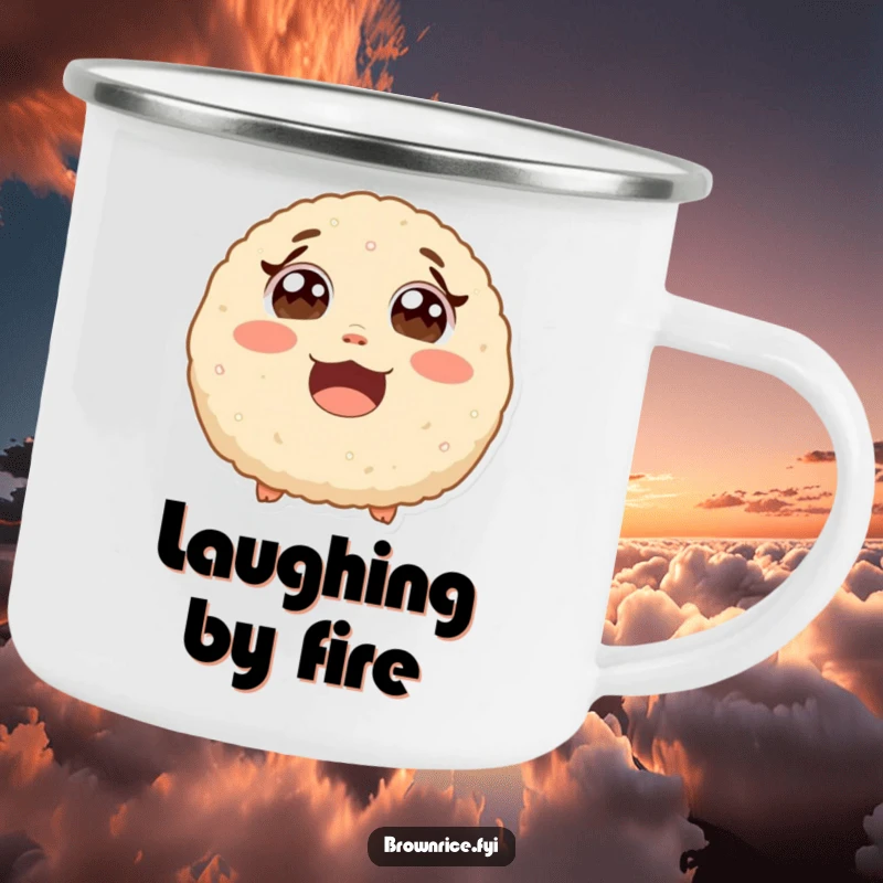 Funny surprised brown rice ball with wide eyes from laughter, a durable enamel camping mug with a cute and humorous cartoon.