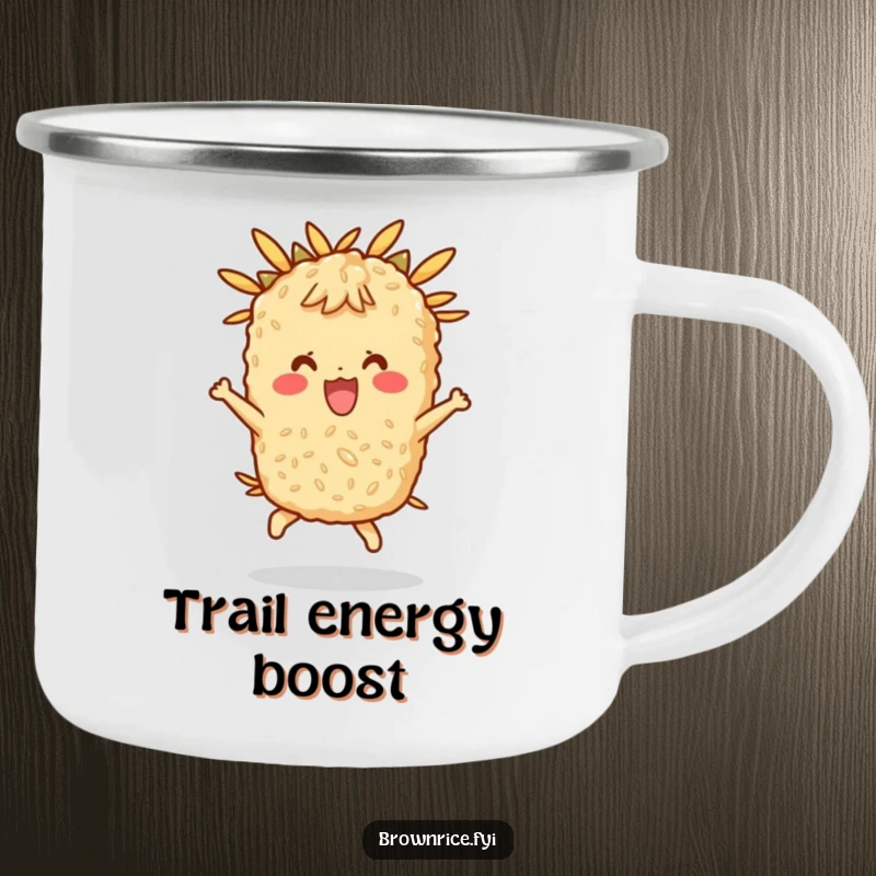 Funny camping mug with a happy brown rice character bouncing, perfect for outdoor drinks.