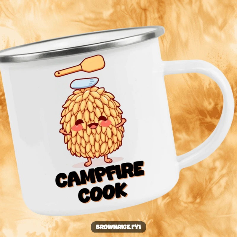 Funny rice grain character with a spatula on its head on a camping mug, symbolizing outdoor cooking humor, a unique funny gift.