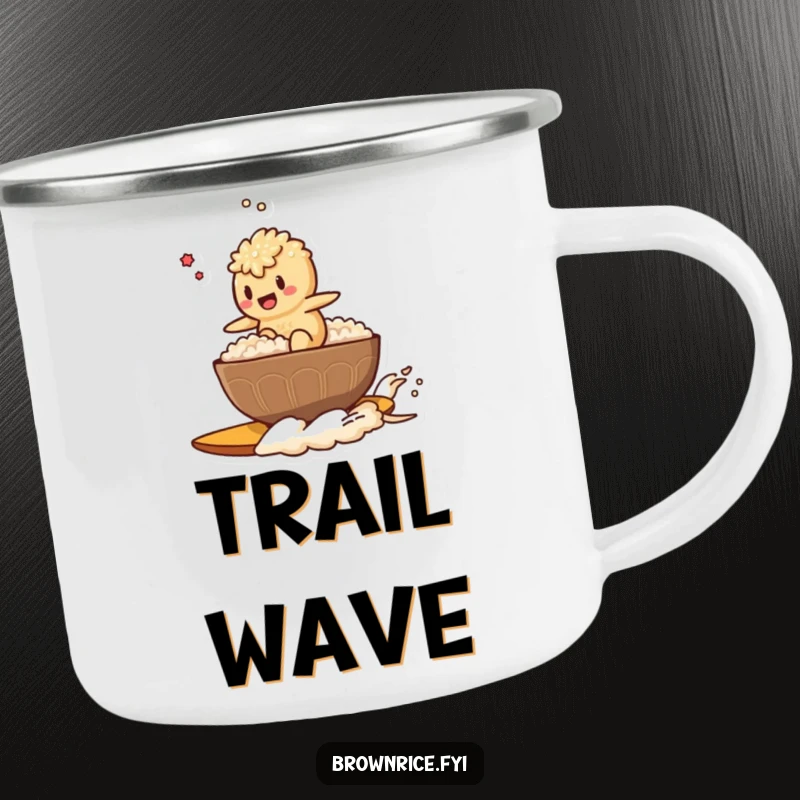 Funny enamel camping mug with a brown rice character surfing a steaming bowl of rice, perfect for outdoor enthusiasts.