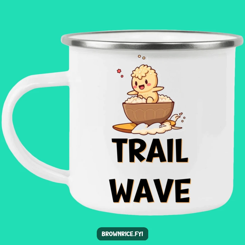 Funny Rice Surfer Brown Rice Character Camping Mug: Adventure Fuelled by Flavor!