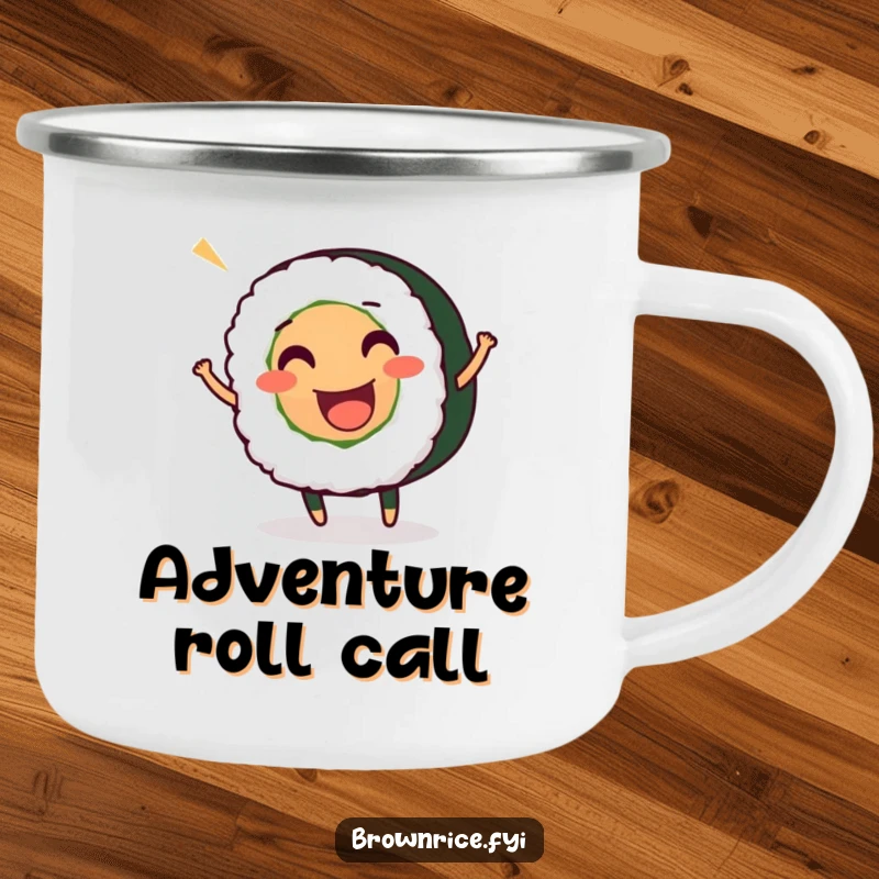 Funny camping mug featuring a smiling, wiggling sushi roll character, adding a playful touch to drinks enjoyed in the great outdoors.