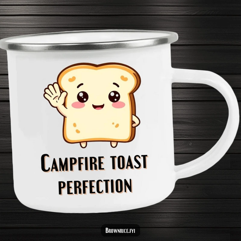 Funny camping mug featuring a cute toast character waving hello, bringing a warm and friendly greeting to outdoor beverages.