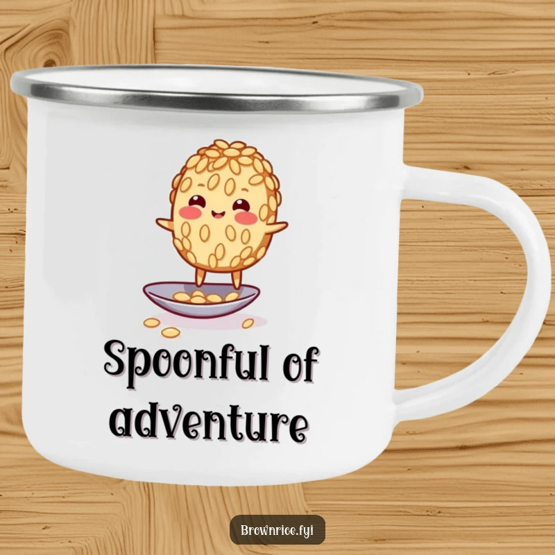 Funny wobbly brown rice grain character humorously balancing on a spoon, ready for adventure on this durable camping mug.