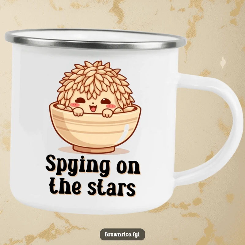 Funny camping mug with a mischievous brown rice grain character peeking from a bowl, for sly outdoor sips.
