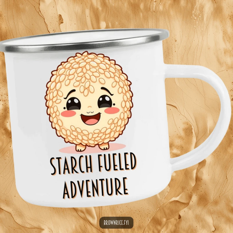 Funny brown rice character with a wide, starchy smile, depicted on a rugged camping mug.