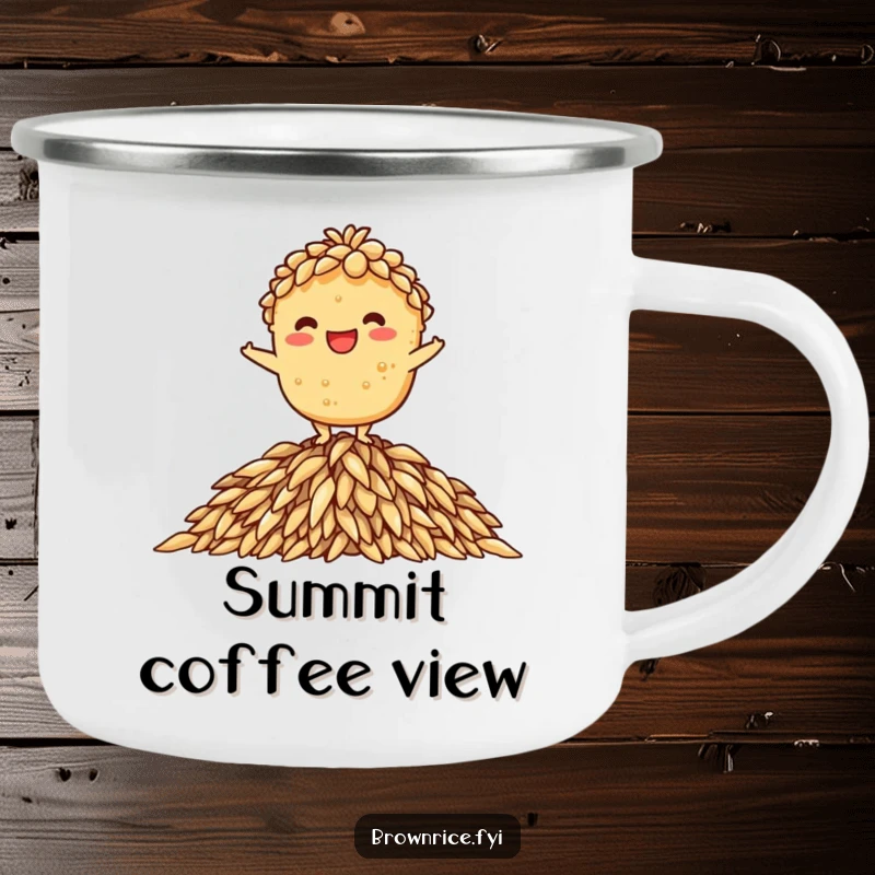 Funny camping mug showing a brown rice character grinning while balanced on rice, ready for adventure, funny gift.