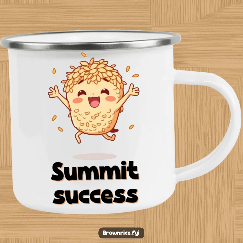 Funny brown rice character in a vibrant, excited jump, perfect for a durable camping mug.
