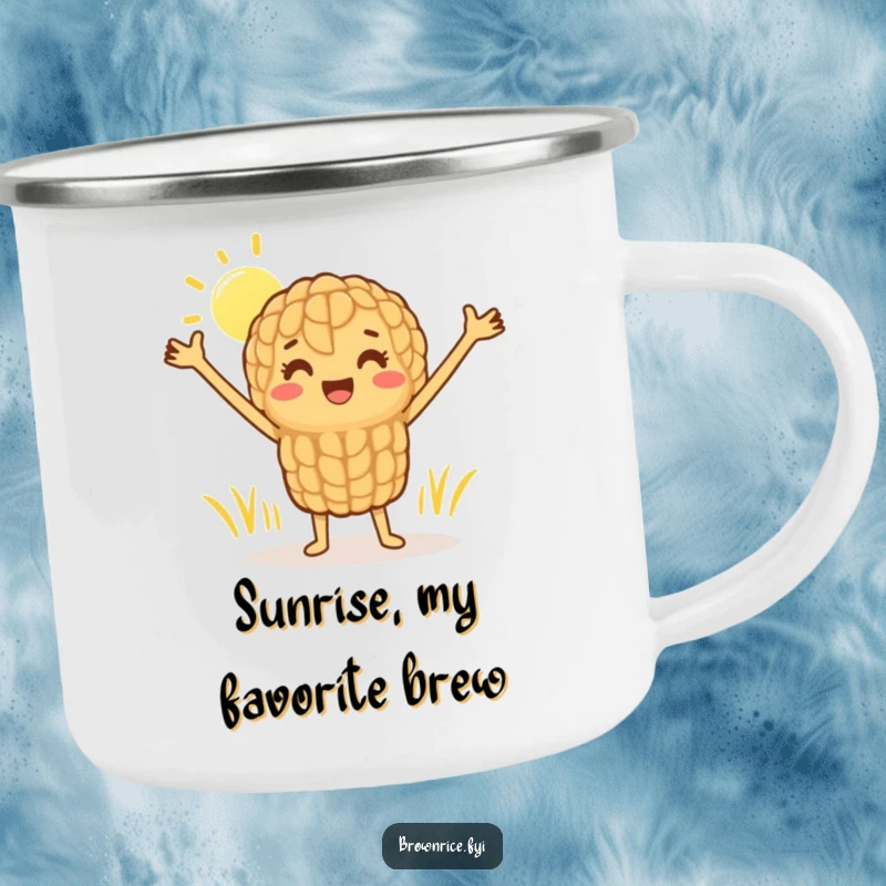 Funny camping mug featuring a cheerful brown rice grain character stretching happily in the sun, adding humor to outdoor adventures.