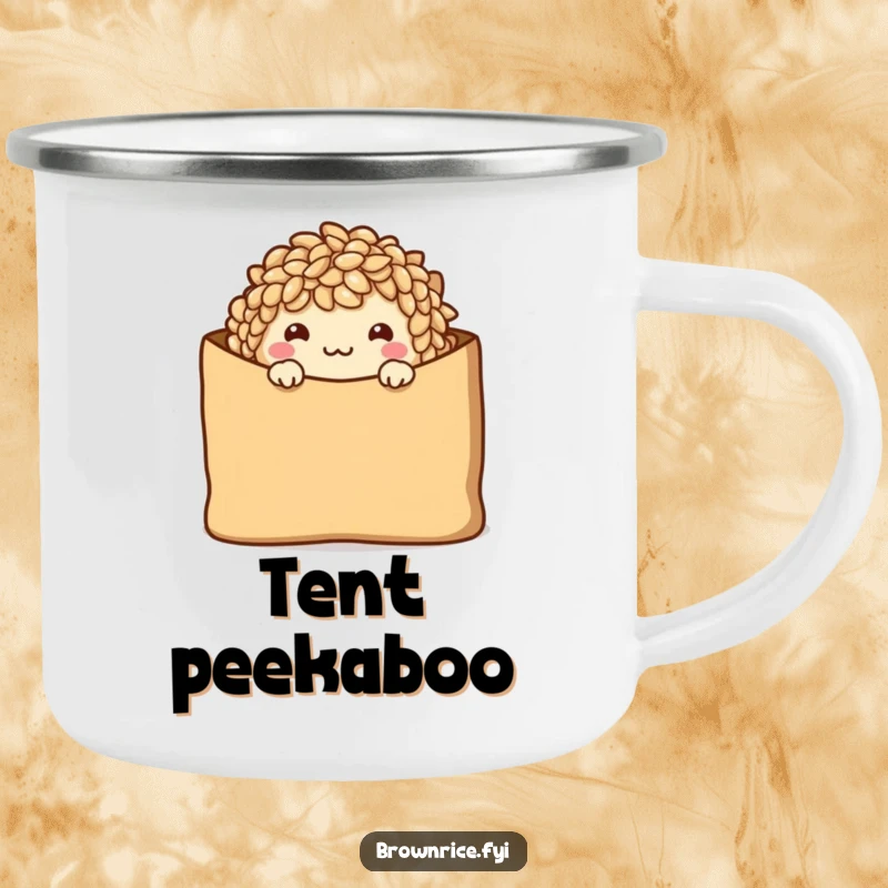 Funny Camping Mug featuring a shy brown rice character peeking from a brown paper bag with a warm smile.