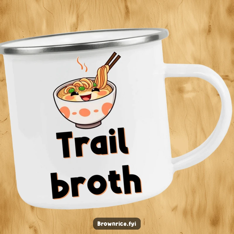 Funny Ramen Camping Mug with a delighted, grinning ramen bowl, perfect for hot beverages on the go. A durable funny gift.