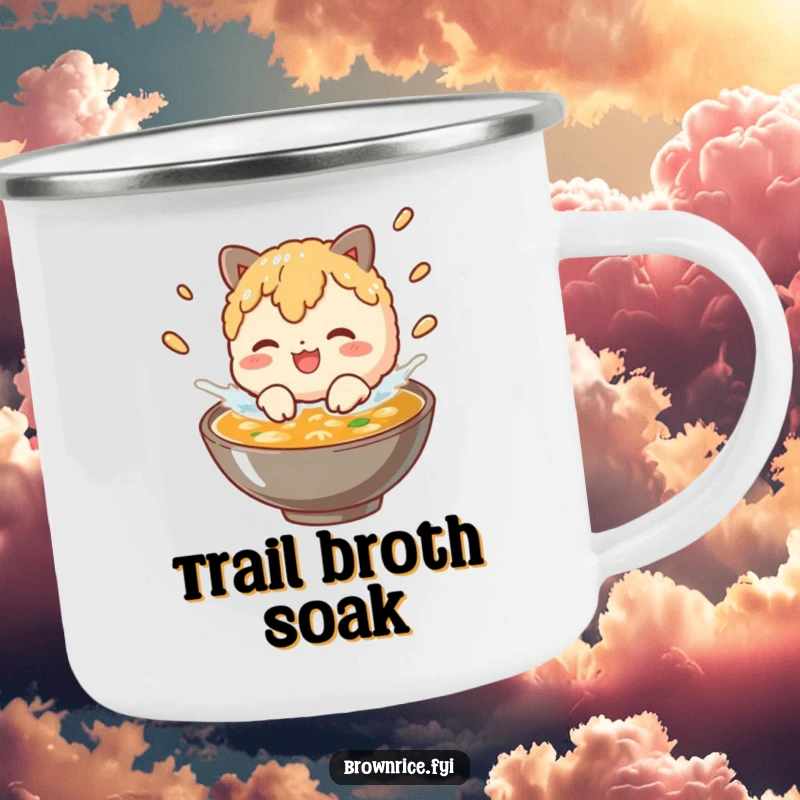 Funny brown rice character splashing in broth, depicted on a rugged camping mug for outdoor fun.
