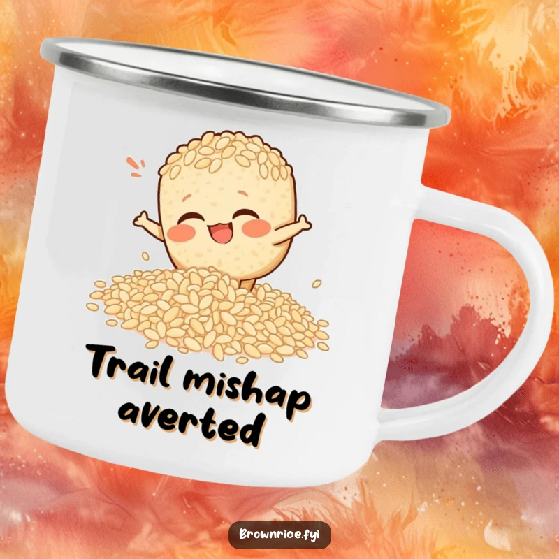 Funny camping mug showing a brown rice character comically slipping on spilled rice, ready for laughs, funny gift.