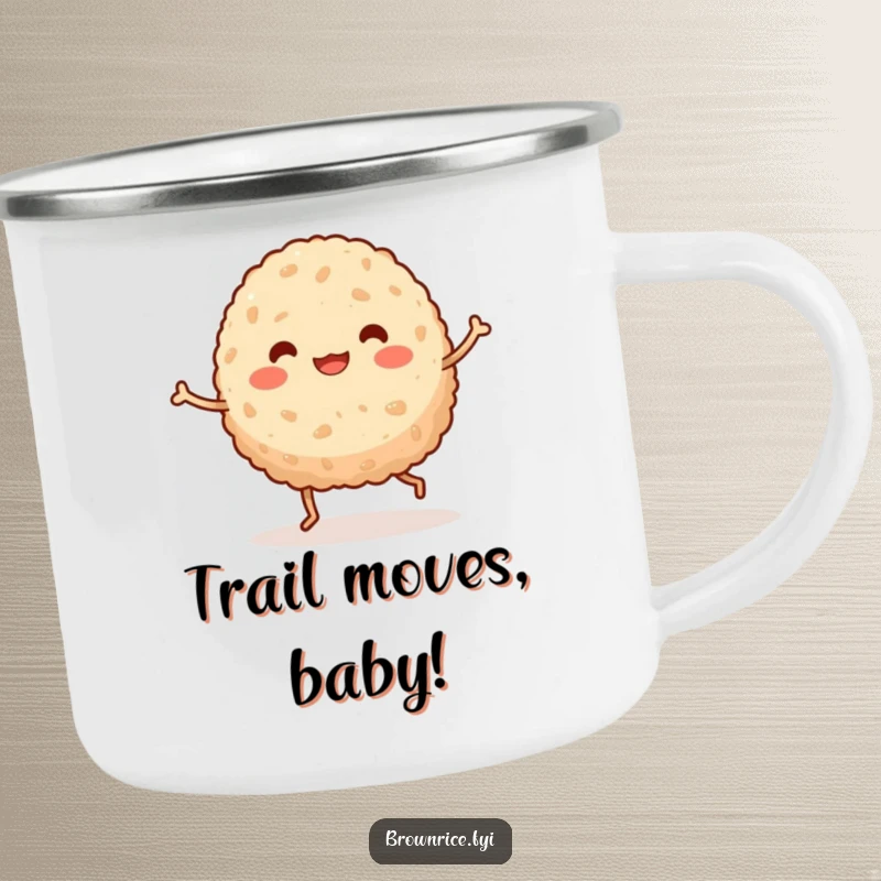 Funny kawaii brown rice ball with legs doing a comical dance on a durable metal camping mug, ready for adventure.