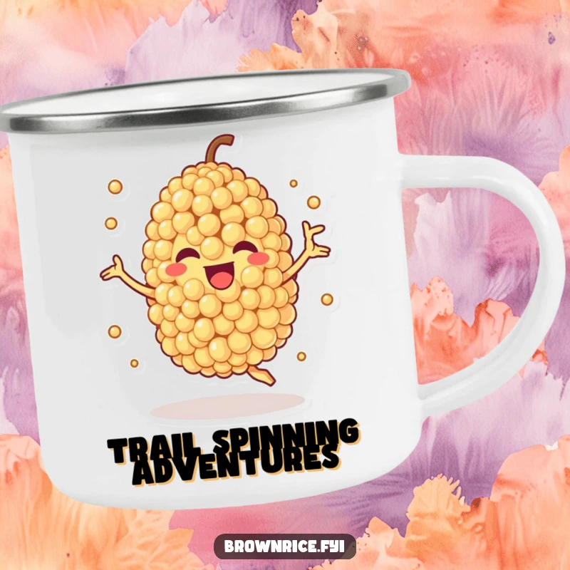 Funny camping mug featuring a joyous quinoa grain character spinning, adding a playful and healthy touch to outdoor beverages.