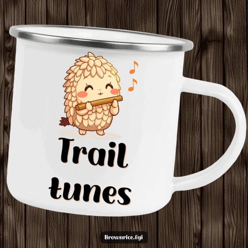 Funny Brown Rice Camping Mug featuring a happy brown rice character playing a miniature flute, perfect for outdoor musical enjoyment.