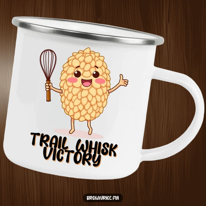 Funny camping mug showcasing a brown rice grain character doing a victory dance with a whisk, perfect for outdoor culinary celebrations.