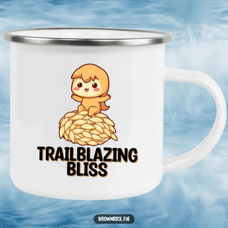 Funny camping mug showing a brown rice character joyfully riding a giant grain of rice, ready for adventure, funny gift.