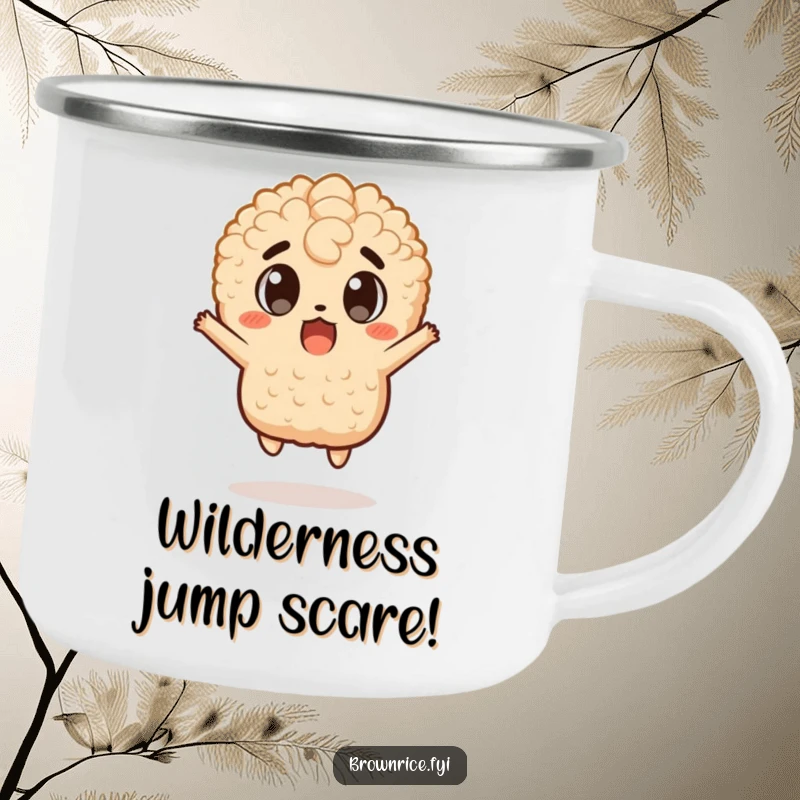 Funny camping mug featuring a brown rice character in a surprised jump, eyes wide, ready for adventure, a funny gift.