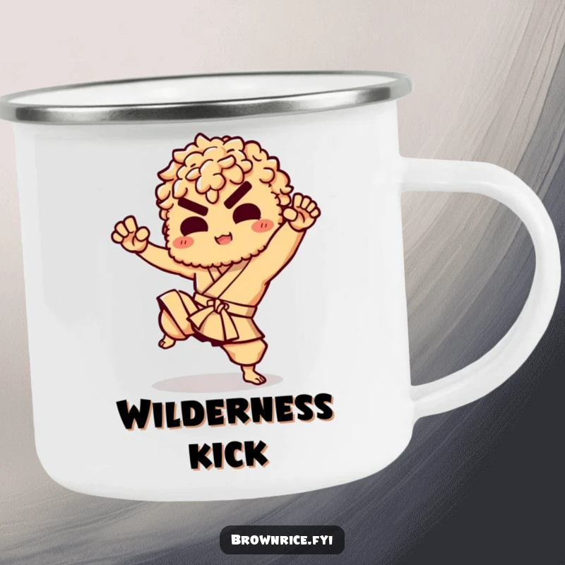 Funny enamel camping mug with a brown rice character performing a martial arts kick, perfect for outdoor enthusiasts.