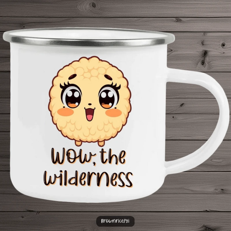 Funny camping mug with a brown rice grain character showing comically widened eyes, expressing surprise outdoors.