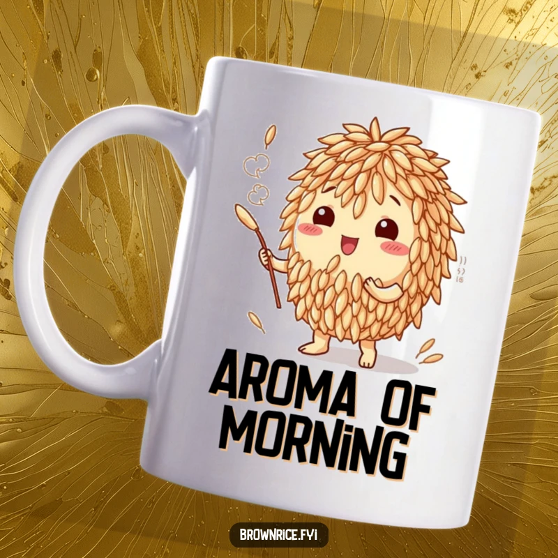 Funny mug featuring a brown rice grain character creating a fragrant, delicious aroma cloud, hinting at culinary delights.