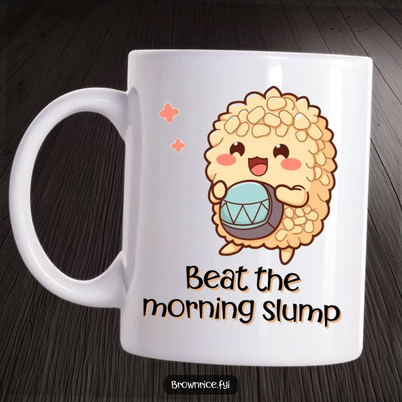 Funny mug featuring a small clump of brown rice characters energetically playing tiny drums with joyful expressions.