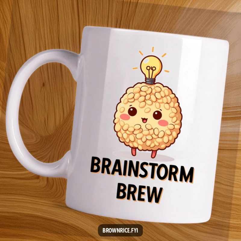 Funny Brown Rice Mug featuring a brown rice character with a glowing lightbulb above its head, symbolizing a brilliant new idea.