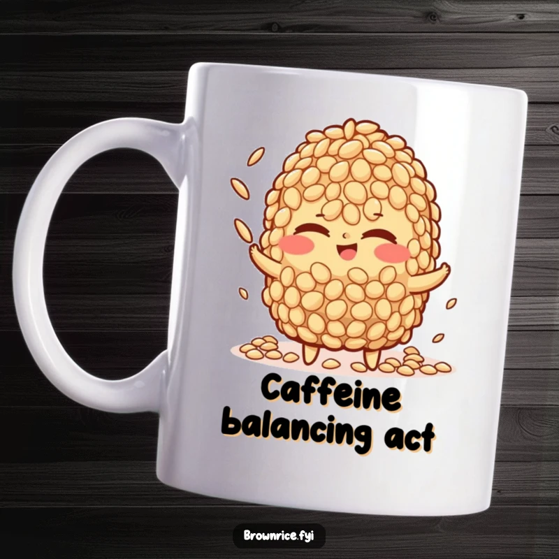 Funny brown rice character mug, winking slyly while expertly juggling small rice grains, demonstrating playful dexterity, great gift.