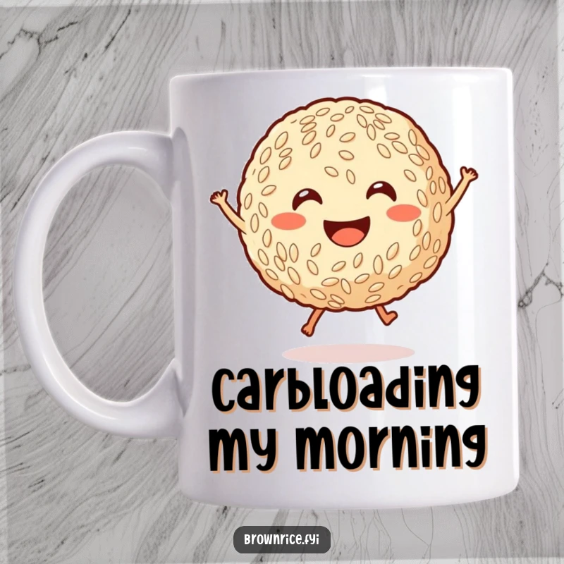 Funny smiling brown rice ball with tiny legs jumping joyfully, a cheerful cartoon bringing laughter to your morning coffee.