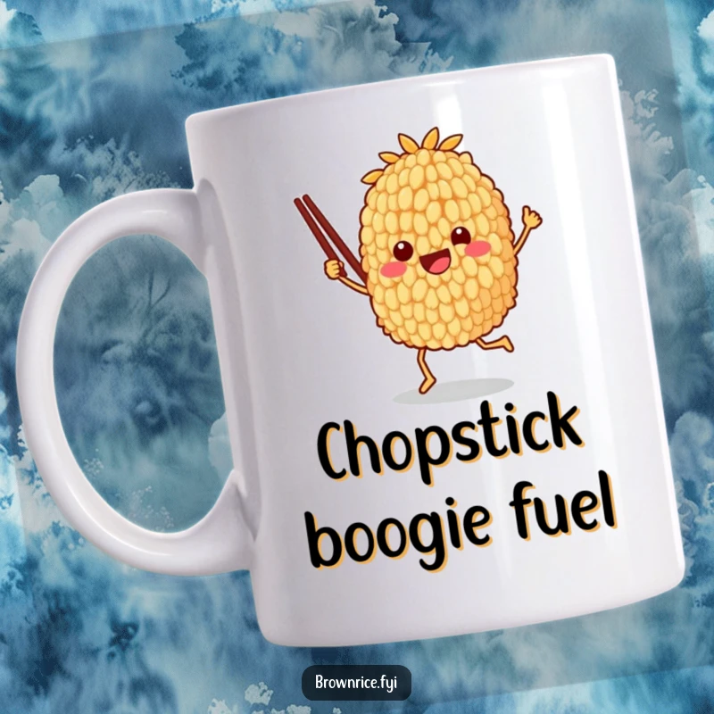 Funny mug featuring an anthropomorphic brown rice grain character joyfully dancing with chopsticks, full of energetic, playful emotion.