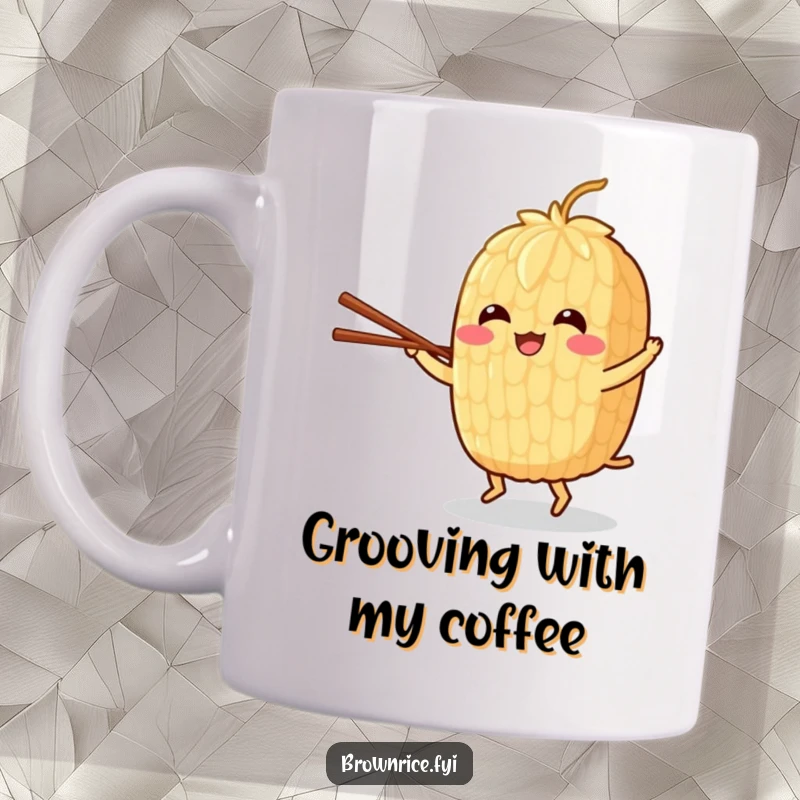 Funny mug featuring a cheerful brown rice grain character joyfully dancing while holding a pair of chopsticks.