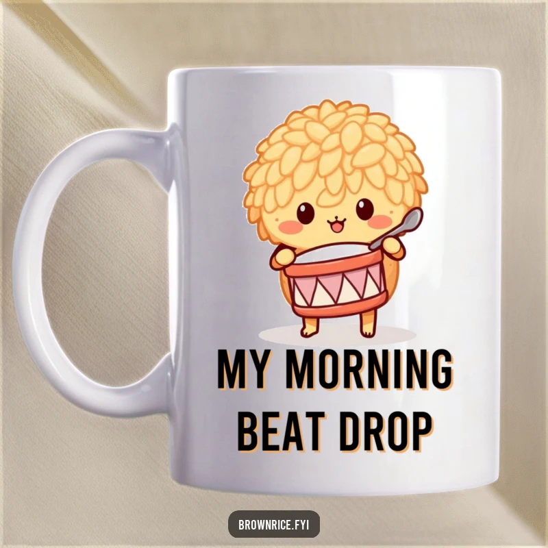 Funny brown rice character joyfully drumming with a spoon, a whimsical and energetic depiction for a humorous mug.