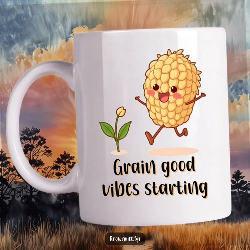 Funny mug featuring a brown rice grain character joyfully skipping, holding a tiny sprout, radiating pure happiness and energy.