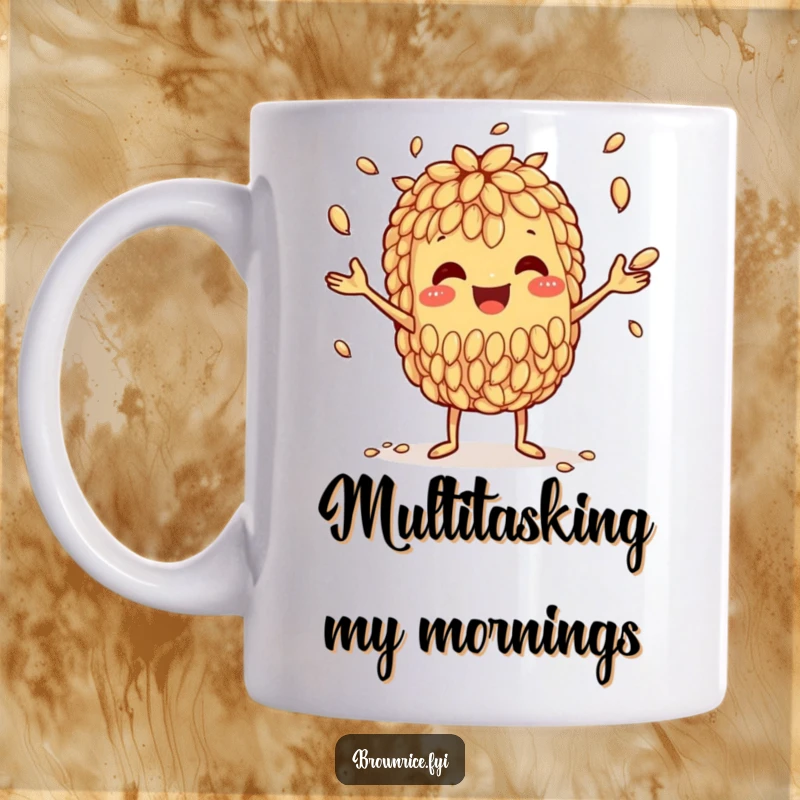 Funny mug featuring a happy brown rice grain character skillfully juggling smaller grains, symbolizing multitasking fun.