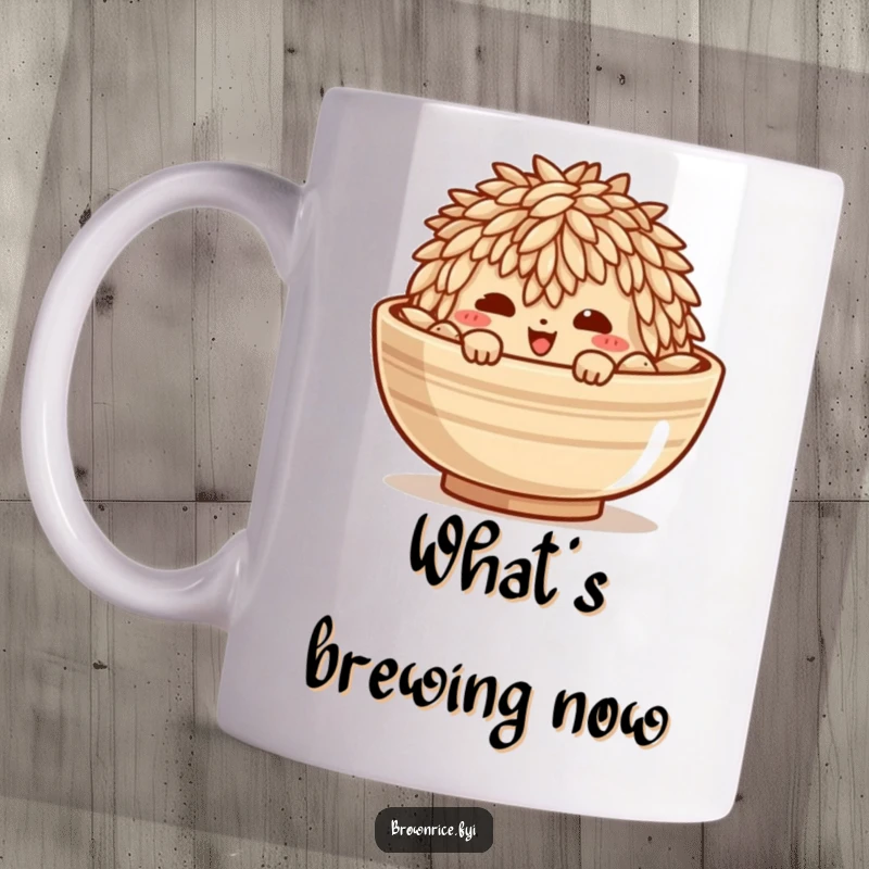 Funny mug featuring a mischievous brown rice grain character peeking slyly from the edge of a bowl.