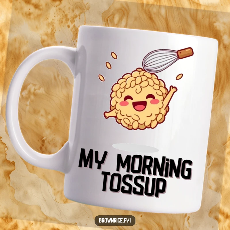 Funny Mug: A cheerful brown rice character joyfully tossed in the air by a smiling whisk, embodying playful kitchen chaos.