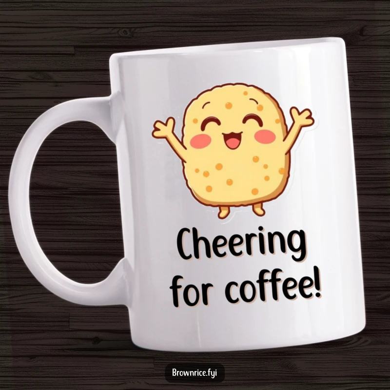 Funny brown rice patty with little arms raised, cheering enthusiastically on a mug.